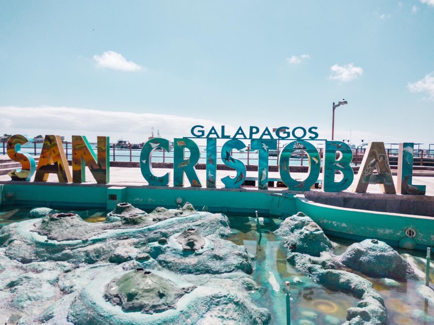Galápagos San Cristóbal sign on the Puerto Baquerizo Moreno waterfront