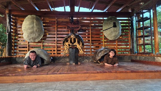 Two travelers peeking out of giant tortoise shells at the ranch