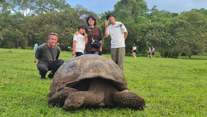 Travelers next to a giant tortoise in a meadow in the Santa Cruz highlands